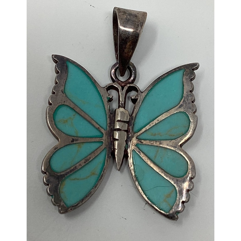 Vintage Sterling Silver 925 Turquoise Inlay Butterfly Pendant Southwestern